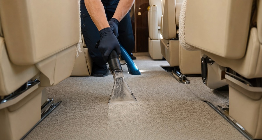 Technician extracting carpet in the aisle of a private aircraft