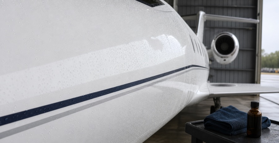 Water beading on ceramic-coated white aircraft paint